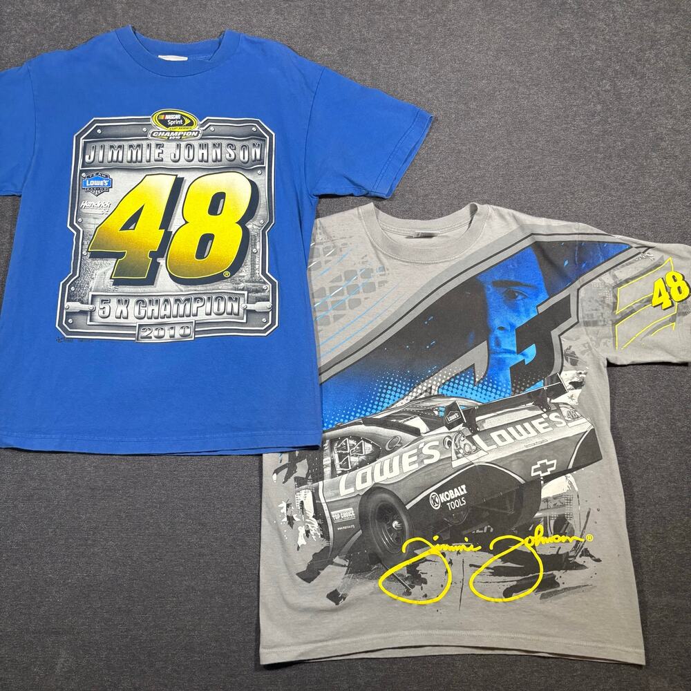 Lot of TWO VTG Style Jimmie Johnson NASCAR Race Tees Size M All Over graphic